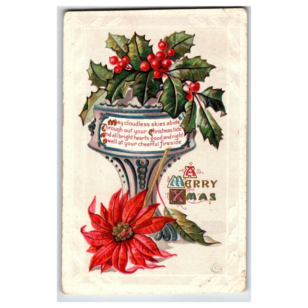 1912 Vintage Embossed Christmas Postcard Holly Poinsettia Vase Ohio Postmark - Picture 1 of 2